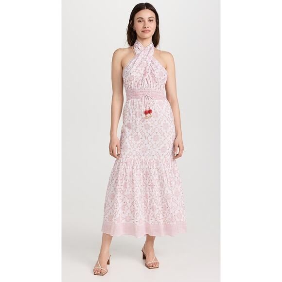 Alicia Bell Kat Criss Cross Halter Maxi Dress Pink Gold Motif Size Large NEW - Picture 1 of 13